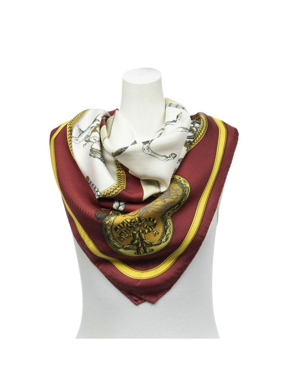 Hermes Scarf Burgundy Gold Ivory Twill Silk